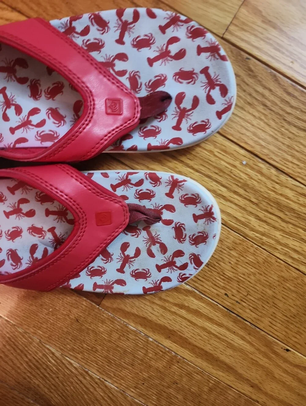 Spenco Yumi Oceon Red With Crab  Patterned Footbed Flip Flop Sandals